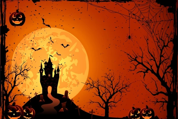 Illustrazione di Halloween con castello spettrale, zucche intagliate, pipistrelli, ragnatela e luna piena sullo sfondo.